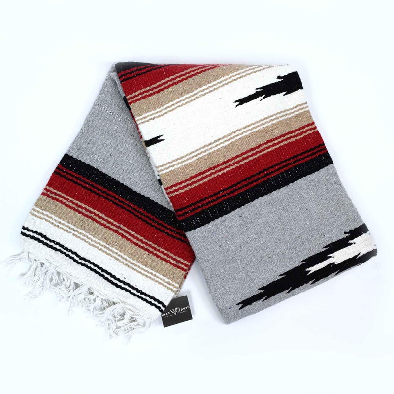 Open Road Goods Heather Gray Mexican Yoga Blanket - Thick Grey Diamond Blanket with Camel, Tan Brown, & Rust Orange Red Clay Stripes - Image 1